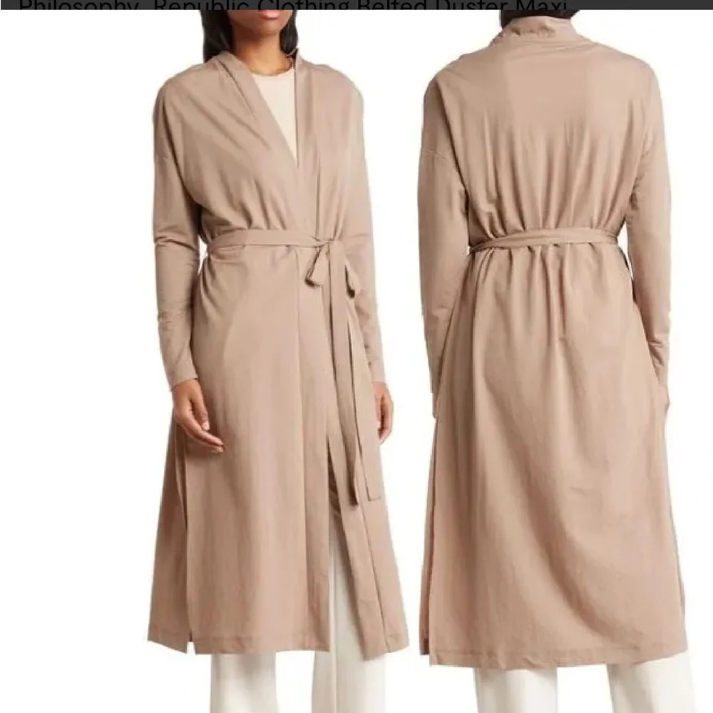Philosophy Republic Clothing Belted Duster Maxi Cardigan Khaki Tan can (C-6)